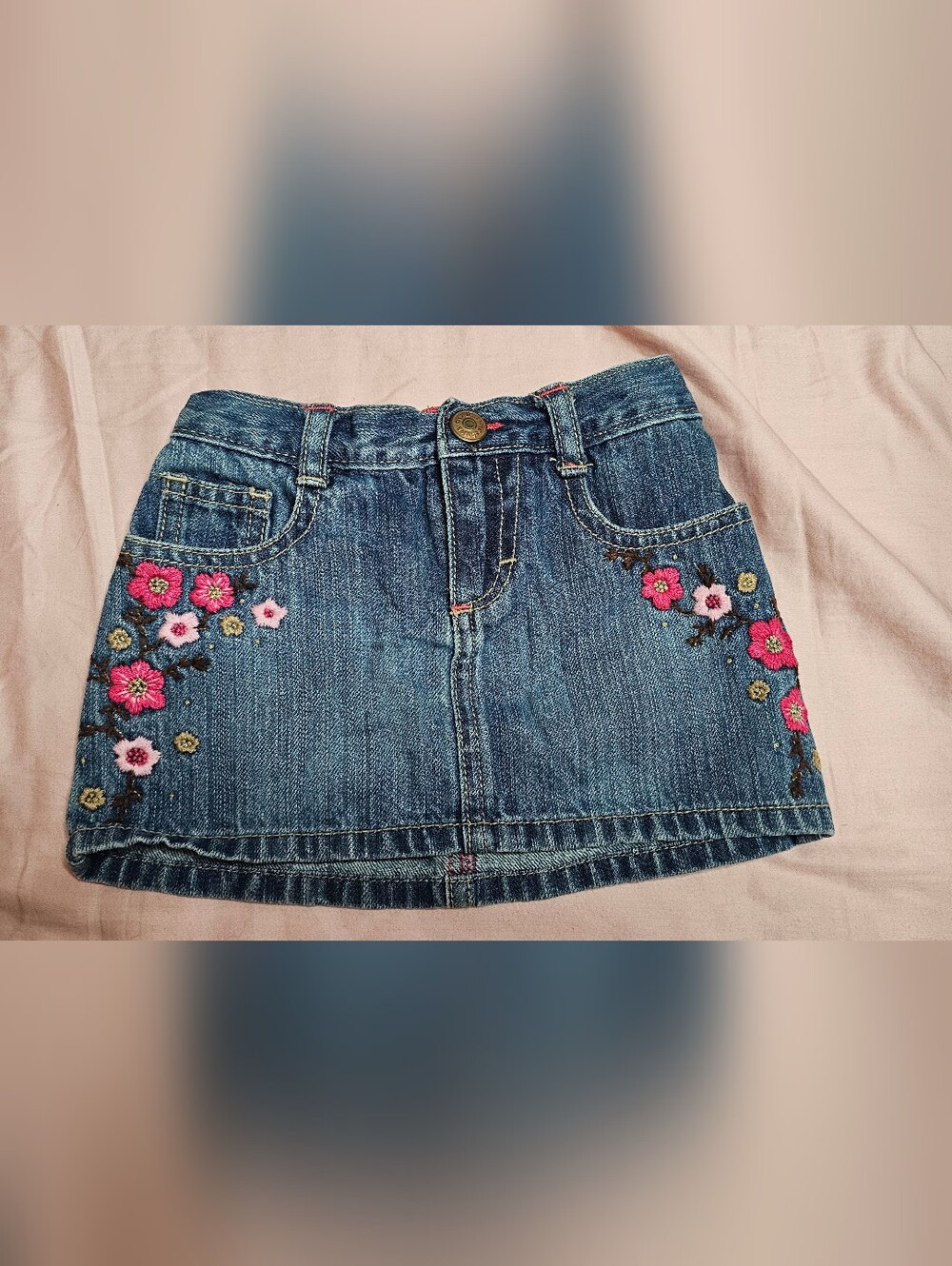 OshKosh B'gosh Vintage Denim Skirt with Pink Floral Embroidery 2T